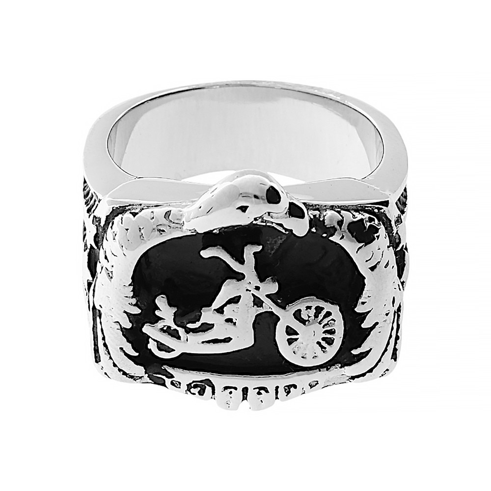 Stainless steel ring Motorbike (size 69) - silver-black colour